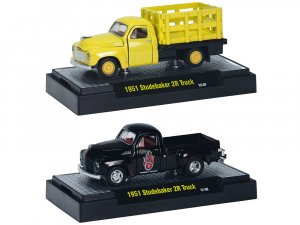 1951 Studebaker 2R Stake Truck Yellow and 1951 Studebaker 2R Pickup Truck Black 2 piece Set