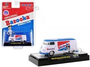 1960 Volkswagen Delivery Van (USA Version) Bazooka Bubble Gum 75th Anniversary White with Blue Top and Graphics