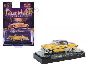 1954 Chevrolet Bel Air Lowriders Yellow Metallic with Stripes and Silver Stripes Top and White Interior