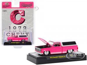 1973 Chevrolet Cheyenne 10 Pickup Truck with Camper Shell C Bright Pink with White Top and Stripes