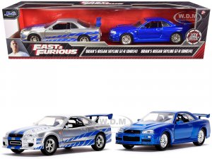 Brians Nissan Skyline GT-R (BNR34) Silver with Blue Stripes and Nissan GT-R (BNR34) Blue Metallic Set of 2 pieces Fast & Furious Series