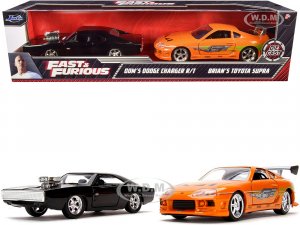 Doms Dodge Charger R/T Black and Brians Toyota Supra Orange Set of 2 pieces Fast & Furious Series