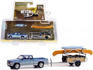 1988 GMC S-15 Sierra Pickup Truck Blue Metallic and White with Stripes and Canoe Trailer and Canoe Rack with Canoe and Kayak Hitch & Tow Series 25