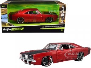 1969 Dodge Charger R/T Red Metallic with Black Hood and Black Stripes Classic Muscle 1/25