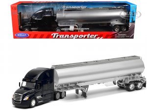 Freightliner Cascadia Truck Black with Silver Tanker Trailer Transporter Series