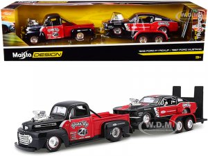 1948 Ford F-1 Pickup Truck #48 with 1967 Ford Mustang GT and Flatbed Trailer Pony Up Red and Black Set of 3 pieces Elite Transport Series