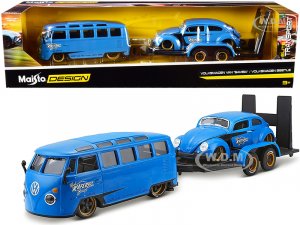Volkswagen Van Samba with Volkswagen Beetle and Flatbed Trailer Blue Kool Kafers Set of 3 pieces Elite Transport Series