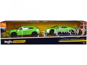 Lamborghini Urus Green with Lamborghini Huracan Coupe Green and Flatbed Trailer Set of 3 pieces Elite Transport Series