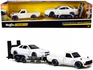 1973 Datsun 620 Pickup Truck White Metallic with Nissan Skyline R34 GT-R White Metallic and Flatbed Trailer Set of 3 pieces Elite Transport Series