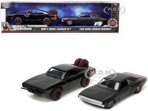 Doms Dodge Charger R/T Black with Red Tail Stripe and 1968 Dodge Charger Widebody Matt Black with Bronze Tail Stripe Set of 2 pieces Fast & Furious Series