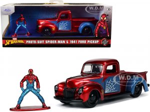 1941 Ford Pickup Truck Candy Red and Blue and Proto-Suit Spider-Man