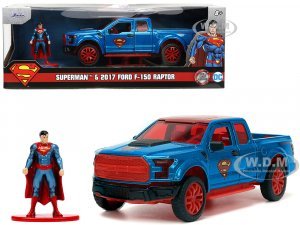 2017 Ford F-150 Raptor Pickup Truck Blue Metallic and Red with Red Interior and Superman
