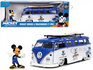 Volkswagen T1 Bus Blue and White with Graphics Nostalgic Islands Ride the Wave and Mickey Mouse