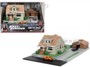 Toretto House Diorama with Dodge Charger Black and Toyota Supra Orange with Graphics Fast and Furious Nano Scene Series Models by Jada