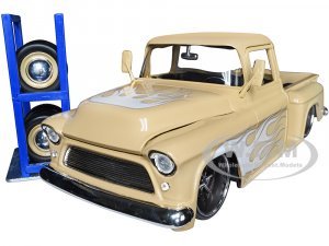 1955 Chevrolet Stepside Pickup Truck Tan with White and Silver Flames with Extra Wheels Just Trucks Series
