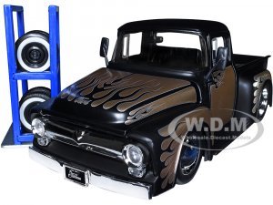 1956 Ford F-100 Pickup Truck Matt Black and Champagne with Flames with Extra Wheels Just Trucks Series
