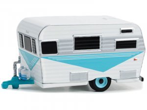 1958 Siesta Travel Trailer White and Teal with Polished Silver Stripes Hitched Homes Series 14