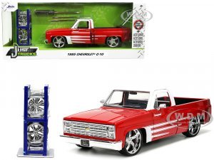 1985 Chevrolet C-10 Pickup Truck Red with White Top and Graphics with Extra Wheels Just Trucks Series