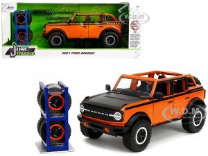 2021 Ford Bronco Open-Top Orange with Black Stripes and Hood with Extra Wheels Just Trucks Series
