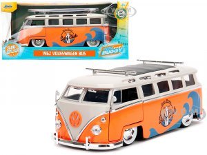 1962 Volkswagen Bus Santa Monica Surf Club Orange and White with Graphics with Roof Rack and Surfboard Punch Buggy Series