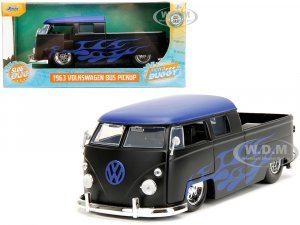 1963 Volkswagen Bus Pickup Truck Matt Black with Matt Blue Top and Flames Graphics Punch Buggy Series