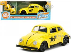 1959 Volkswagen Beetle Yellow with Black Graphics and Boxing Gloves Accessory Punch Buggy Series