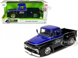 1956 Ford F-100 Pickup Truck Black and Blue Metallic with Ford Graphics Just Trucks Series