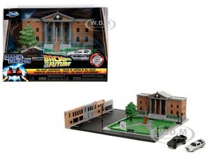 Hill Valley Courthouse Diorama with Black Pickup Truck and Delorean Back to the Future (1985) Movie Nano Scene Series Model by Jada
