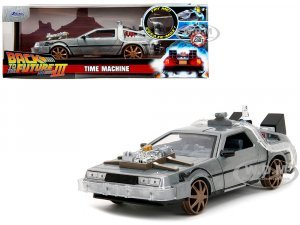 DeLorean Brushed Metal Time Machine (Train Wheel Version) with Lights Back to the Future Part III (1990) Movie Hollywood Rides Series