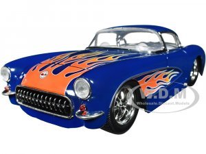 1957 Chevrolet Corvette Dark Blue with Flame Graphics and White Interior Bigtime Muscle Series