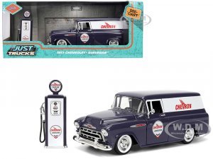 1957 Chevrolet Suburban Chevron Dark Blue with White Stripes and Chevron Gas Pump Just Trucks Series