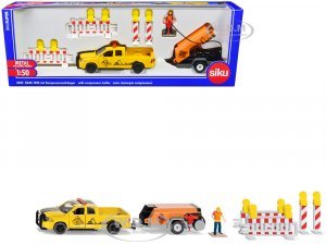 Ram 1500 Pickup Truck Yellow with Compressor Trailer and Worker Figure with Accessories Set
