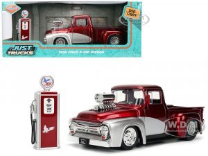 1956 Ford F-100 Pickup Truck Red Metallic with Silver Accents and Jada Gas Pump Just Trucks Series