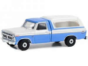1975 Ford F-100 Ranger XLT with Camper Shell Wind Blue and Wimbledon White Blue Collar Collection Series 12