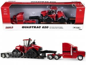 Semi Truck Red with Flatbed Trailer and Case IH Quadtrac 620 Tractor Red Case IH Agriculture Series