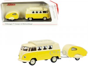 Volkswagen T1 Camper Bus with Travel Trailer Yellow and Cream