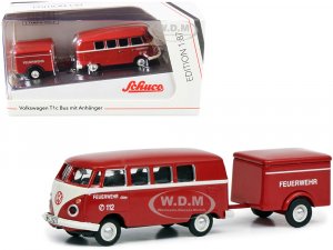 Volkswagen T1c Bus with Trailer Red and Cream Feuerwehr (Fire Department)  (HO)