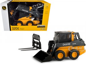 John Deere 320E Wheeled Skid Steer with Fork and Bucket Work Tools Prestige Collection 1/16