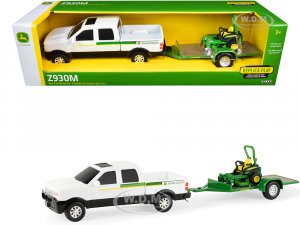 Pickup Truck White with Flatbed Trailer and John Deere Zero-Turn Mower Set of 3 pieces