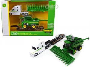 Freightliner Tractor White with Lowboy Trailer and John Deere S780 Wheeled Combine with Corn Head Set of 3 pieces
