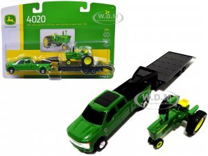 Ford F-350 Dually Pickup Truck Green with John Deere 4020 Tractor Green and Lowboy Trailer Set of 3 pieces