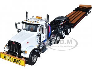 Peterbilt 367 Day Cab White and Talbert 55SA Tri-Axle Lowboy Trailer Black