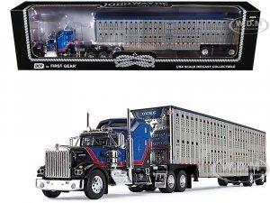 Kenworth W900A Sleeper and Wilson Silverstar Livestock Spread-Axle Trailer Black and Blue with Red Stripes John Wayne Cattle Co.