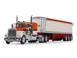 Kenworth W900A with 60 Flat Top Sleeper and Lode King Distinction Tri-Axle Hopper Trailer Orange and Pearl White