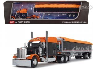 Peterbilt 379 with 70 Mid-Roof Sleeper and Wilson Pacesetter 50 Tri-Axle Grain Trailer Black and Orange