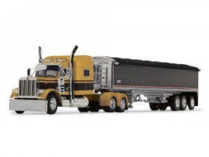 Peterbilt 379 with 70 Mid-Roof Sleeper and Wilson Pacesetter 50 Tri-Axle Grain Trailer Gold with Black Stripes