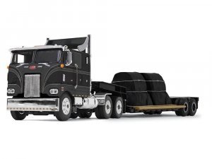 Peterbilt 352 COE 110 Sleeper with Turbo Wing and Rogers Vintage Lowboy Trailer with Coil Load Black and Gray