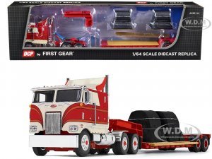 Peterbilt 352 COE 110 Sleeper with Turbo Wing and Rogers Vintage Lowboy Trailer with Coil Load Cream and Red