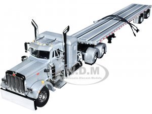 Peterbilt 359 with 36 Flat Top Sleeper and Wilson Roadbrute Spread-Axle Flatbed Trailer Silver and Black