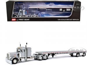 Peterbilt 359 with 36 Flat Top Sleeper and Wilson Roadbrute Spread-Axle Flatbed Trailer Silver